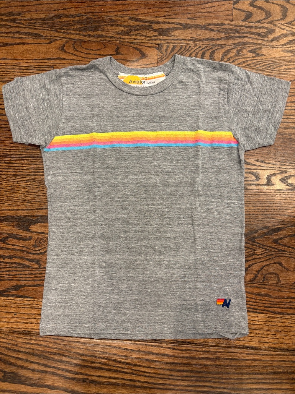 Kids Aviator Nation Gray Tee with Yellow, Orange & Blue Rainbow Stripe